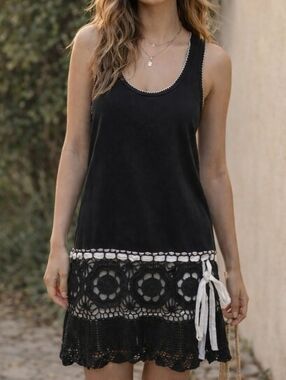Moda International Y2K Black Tank Dress Crochet Hem Tie Detail Boho Fairy Grunge
